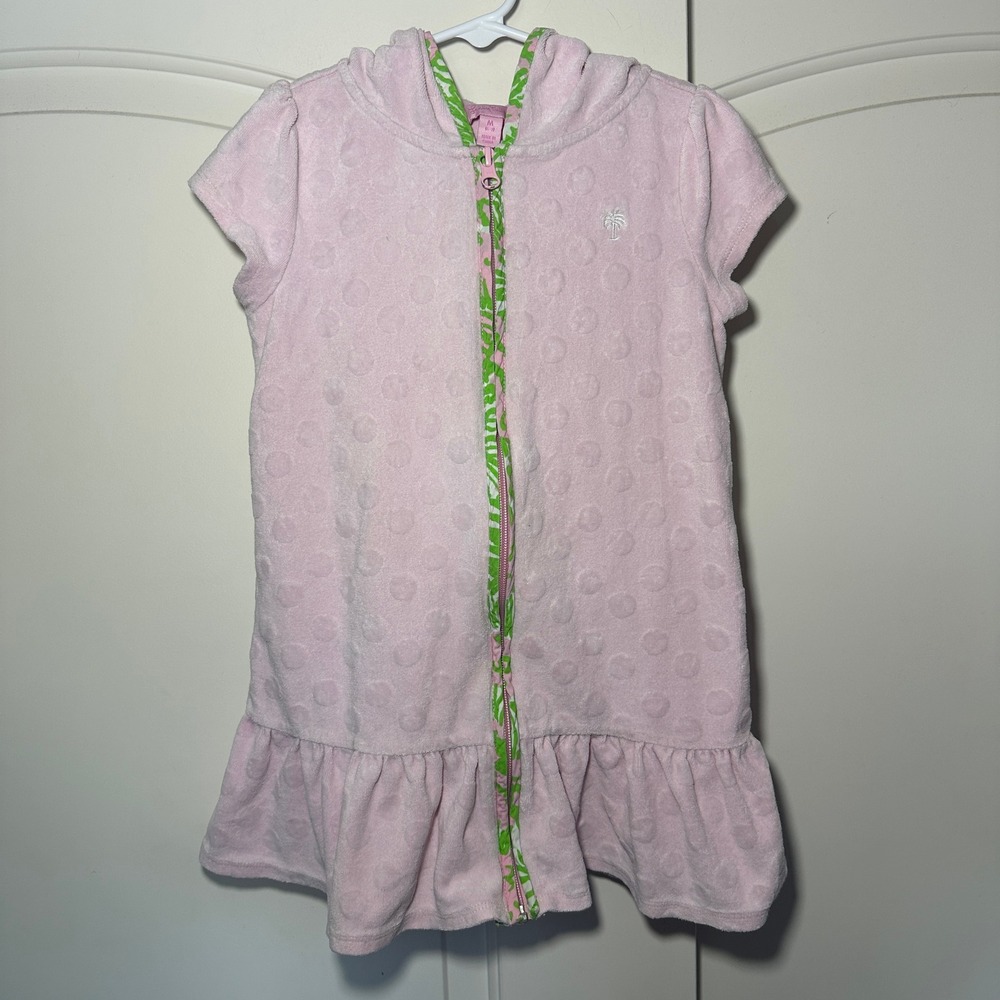 Lilly Pulitzer Hooded Cover Up Dress Girls M 8-10 Pink Terry Cloth Zip Ruffle